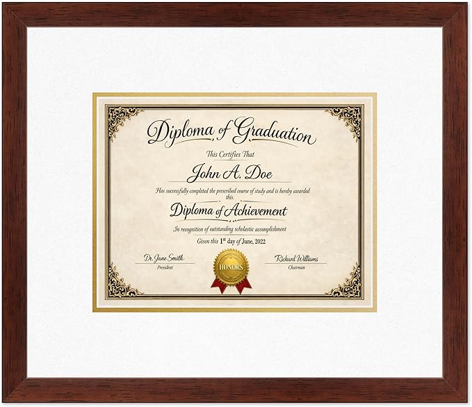 Diploma Frame Rustic Walnut with Oyster Shell Over Gold Double Mat - Fits 11 x 8.5 US Letter Certificate Wall Display Made in the USA
