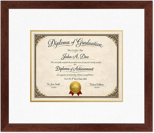 Diploma Frame Rustic Walnut with Oyster Shell Over Gold Double Mat - Fits 11 x 8.5 US Letter Certificate Wall Display Made in the USA