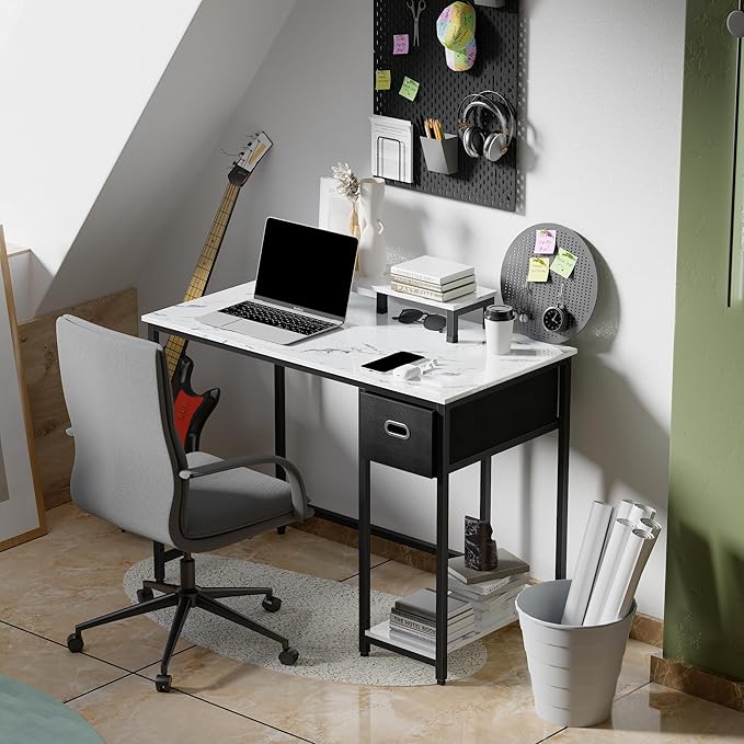 Pamray 39 Inch Computer Desk with Monitor Stand Small Home Office Desks with Non-Woven Storage Drawer for Bedroom Study Table Writing and Work Desk White Marble