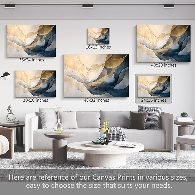 gaosoul Blue Gold Abstract Canvas Wall Art Original Oil Painting Giclee Print of Dynamic Curves Light Blue Champagne Tones with Textured Brushstrokes for Home Office Decor Framed 24x16in