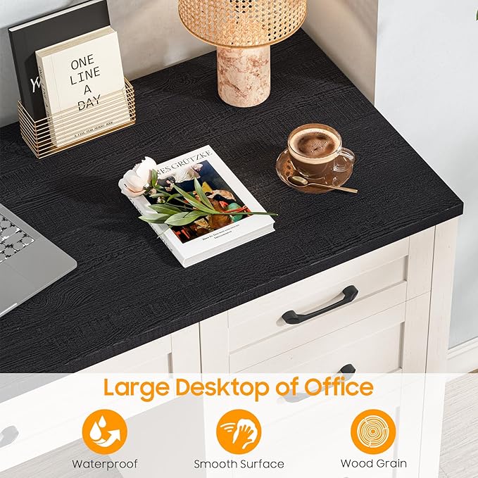 Farmhouse 47" Executive Desk, Computer Desk with File Drawer and Charging Station, Workstation for Home Office, Study（Black）.