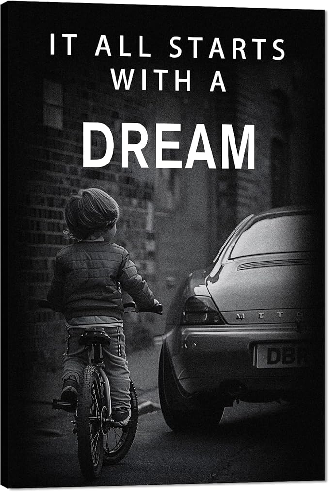 Motivational Office Quote Verb-It All Starts with A Dream Inspirational Office Wall Art Littile Boy and Car Wall Pictures HD Print Modern Home Decor Study Room Library Wall Hangings Framed-24 inch x