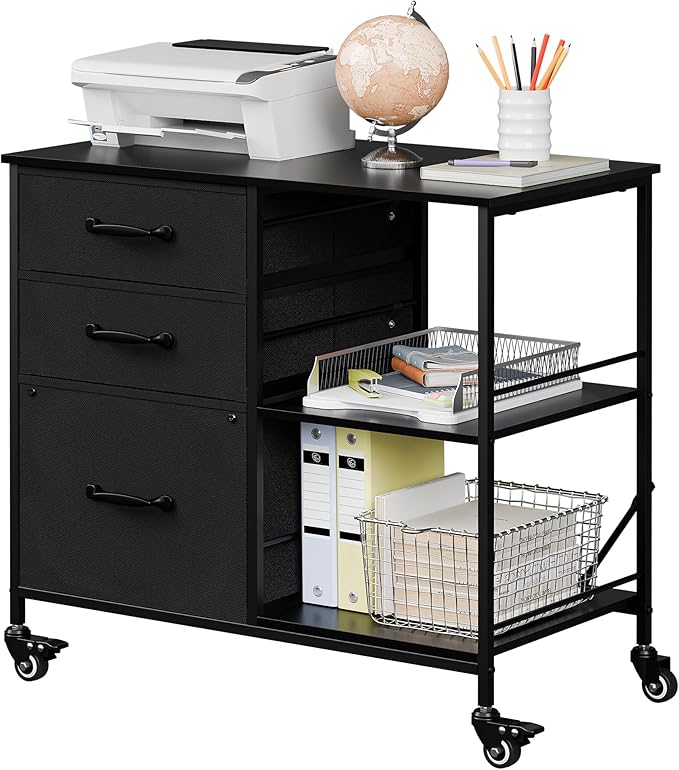 JungleA 3 Drawer Mobile File Cabinet, with 3 Fabric Drawers and 2 Shelves, Mobile Storage Organizer Cart for Office, Study Room, Library, Black