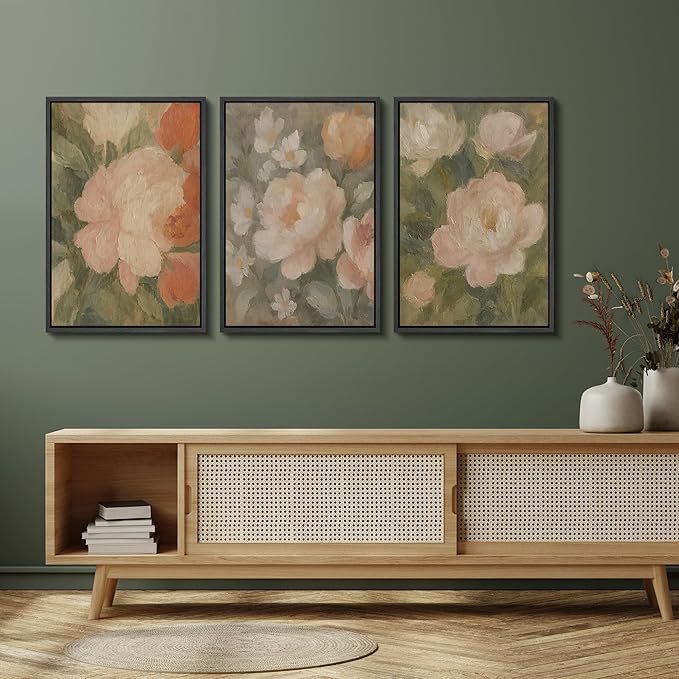 SIGNFORD Framed Wall Art Print Set Soft Pastel Peony Floral Romantic Botanical Digital Art Modern Art Contemporary for Living Room, Bedroom, Office - 24"x36"x3 BLACK