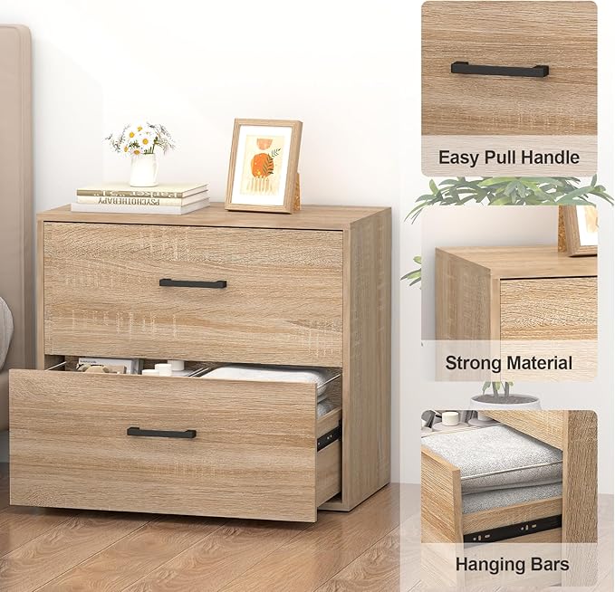 2 Drawer File Cabinet, Wood Lateral Filing Cabinet, Office File Cabinets for Letter/Legal Size, Printer Stand with Storage Drawer for Home Office, Oak