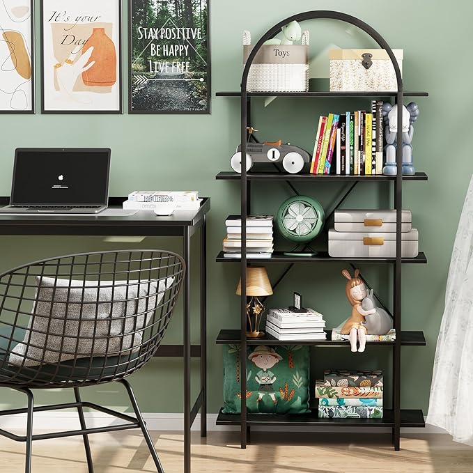 Arched Bookshelf 5 Tier Book Shelf, 31.5 Inch Width Industrial Arch Bookcase, Curved Tall Bookshelf with Open Shelves for Home Office, Living Room, Bedroom, Black