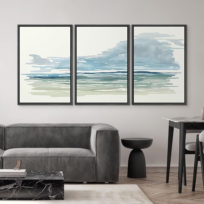 SIGNWIN Framed Canvas Print Wall Art Set Coastal Horizon Watercolor Blue and Green Abstract Ocean Scene Illustrations Modern Art Decorative Abstract for Living Room, Bedroom, Office - 24"x36"x3 Black