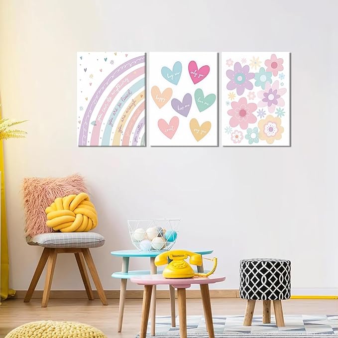 3 Pieces Nursery Boho Wall Art, Framed Cartoon Rainbow Canvas Prints, Colorful Heart Wall Decor, Cute Flower Posters Artwork, Pink Girls Room Aesthetic for Bedroom Dormitory – 12x16in