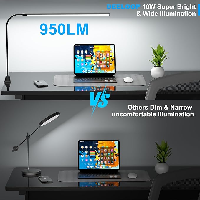 deeloop LED Clip-on Reading Light, 20" Ultra-Long Chips Bright Desk Lamp, 10%-100% Stepless Dimming & 3 Color Modes Office Lamp with 360 Head Rotation Memory Function Clamp Light