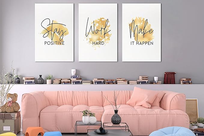 SHMAO Gold Office Canvas Wall Art Motivational Wall Decor, 3 Piece Stay Work Make Print Pictures for Office Wall Decor Women Inspirational Framed Artwork Home Office Decor 20”x30”x3 Panels