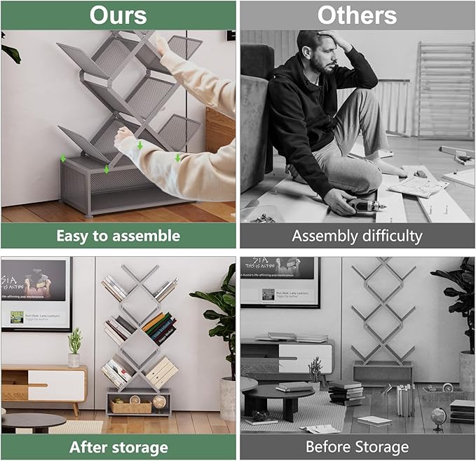 Gintan 9-Tier Modern Book Shelves with Storage, Bedroom Shelves Folding Bookshelves, No Installation Required Shelf Tree Bookcase for Living Room, Study, Home Office, Bed Room (Grey)