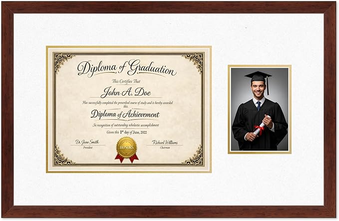 Diploma Frame With Photo Opening Rustic Walnut Oyster Shell Over Gold Mat - Fits 13 x 10 Degree and Picture Made in the USA