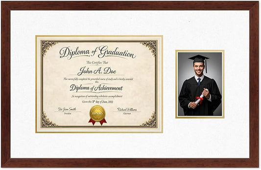 Diploma Frame With Photo Opening Rustic Walnut Oyster Shell Over Gold Mat - Fits 13 x 10 Degree and Picture Made in the USA