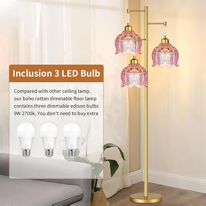 Pink Floor Lamp for Living Room,Bedroom,Gold Mid Century Modern Standing Lamp Brass Tree 3 Light Tall Floor Lamps Retro Floor Lights Glass Flower Lamp Shade Girls Kids Boho Bohemian