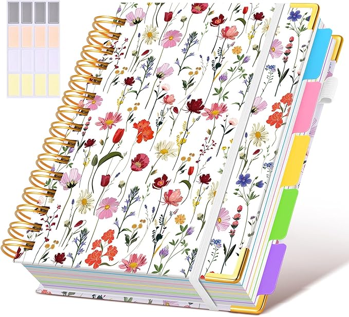 Hardcover Spiral Notebook journal with Removable Dividers Tabs, 300 Pages 5 Subject Notebook College Ruled, 100GMS Notebooks for Work School Note taking,Lined Journal for Women,A5-Flower white