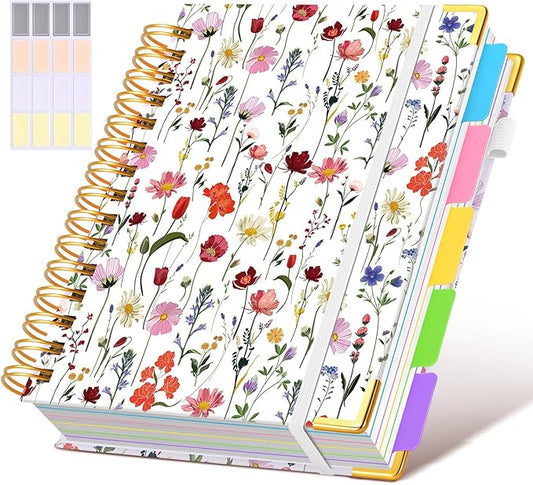 Hardcover Spiral Notebook journal with Removable Dividers Tabs, 300 Pages 5 Subject Notebook College Ruled, 100GMS Notebooks for Work School Note taking,Lined Journal for Women,A5-Flower white