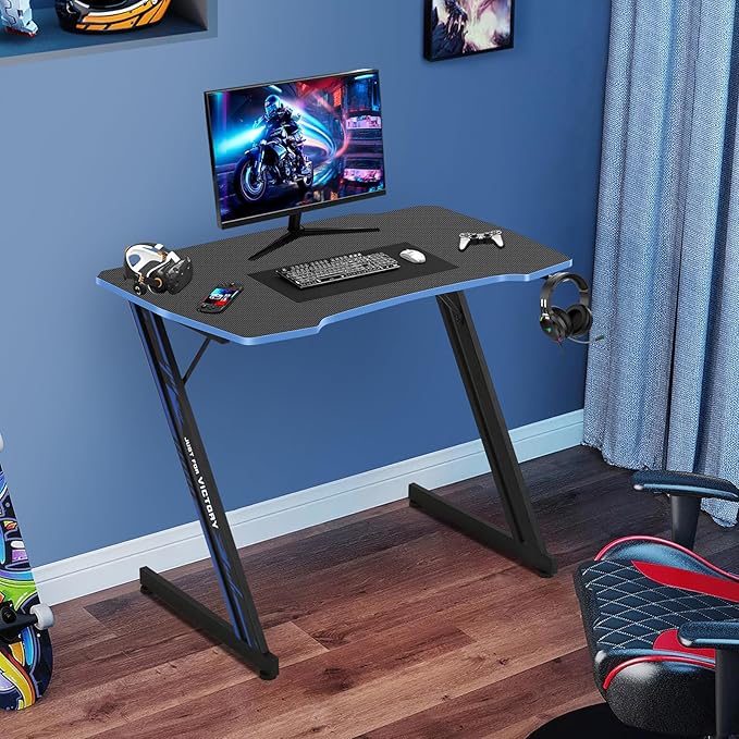 Gaming Desk 35 Inch Z-Shaped Computer Desk Modern Ergonomic PC Computer Table Home Office Desk Racing Style Gaming Workstation with Headphone Hook, Blue