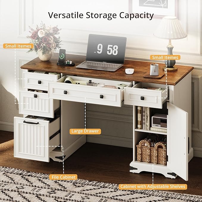 IRONCK 55'' Farmhouse Desk Home Office with Drawers, Wooden Computer Desk with Charging Station, File Drawers and Storage Cabinet, Executive Desk for Work, Study Writing, White
