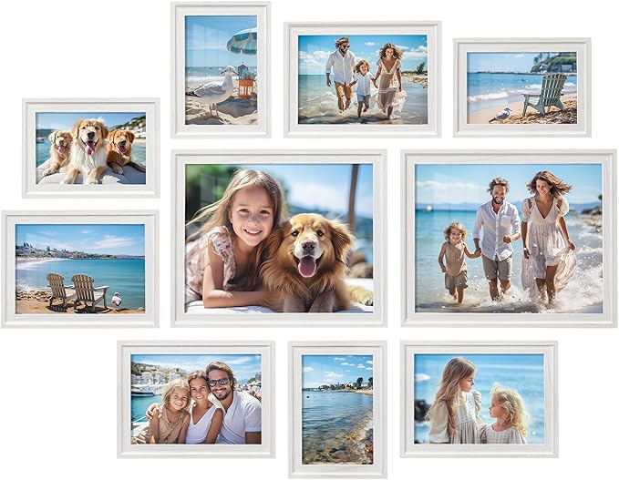 SONGMICS Picture Frames with 16 Mats, Set of 10 Collage Photo Frames, Two 8x10, Four 5x7, Four 4x6 Frames, Hanging or Table Display, Glass, 12 Non-Trace Nails, Cloud White URPF049W01