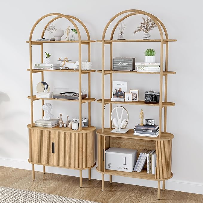 71" Tall Fluted Arched Bookshelf with Sliding Tambour Doors, Mid Century Modern Metal Curved Bookshelf Cabinet with Storage, 4-Tier Open Display Storage Shelf for Home Office, Living Room (Natural)