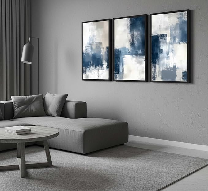 3 Pcs Navy Blue Abstract Canvas Wall Art Modern Minimalist Neutral Blue and Grey Paintings Pictures Wall Decor Poster Print Artwork for Living Room Bedroom Office Home Decoration Unframed