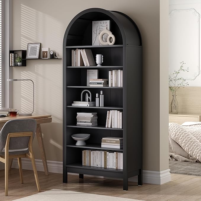 Tall Arched Bookshelf, 7-Tier Bookcase with 3 Adjustable Shelves, Modern Farmhouse Storage Shelf for Living Room, Entryway, Office, 29.5" W x 70.1" H x 13.8" D, Black