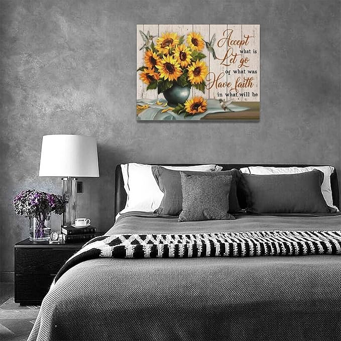 Farmhouse Sunflower Wall Art Country Sunflower Hummingbird Pictures Wall Decor Rustic Sunflower Canvas Painting Modern Artwork Home Decorations for Bathroom Dining Room Kitchen Bedroom Office Framed