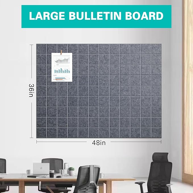 Large Cork Board, 12 Pack Felt Wall Tiles with Safe Removable Adhesive, Bulletin Board for Office, Pin Tack Corkboard for Quilting Design & Dart Wall Protector 48" x 36" - Drak Grey