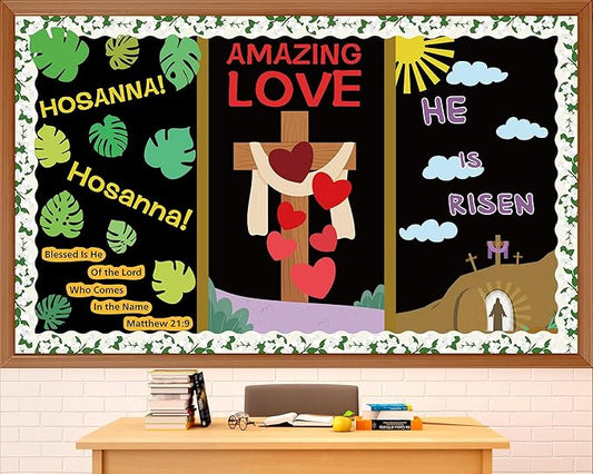 Easter Religious Bulletin Board Set Christian Jesus Classroom Decorations He is Risen Bulletin Board Easter Love Hearts Cross Jasmine Borders Cutouts for Sunday School Church Chalkboard Wall Decor