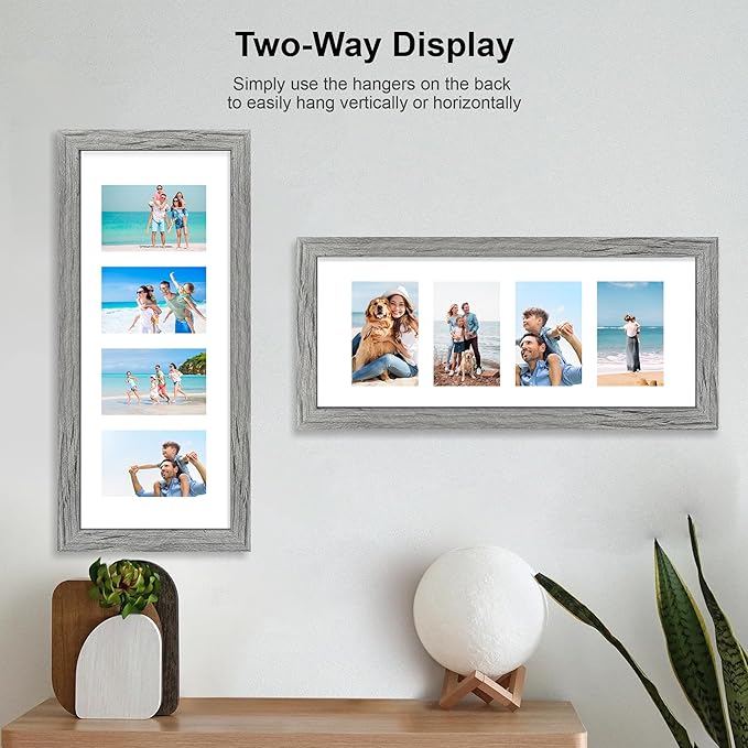 8x20 Picture Frame Set of 2, Rustic Gray Wood Frame with Tempered Glass Collage Frame, Display Pictures Four 4x6 With Mat or 8 x 20 Without Mat - Horizontal or Vertical Wall Mounting