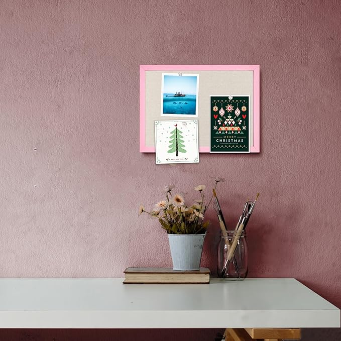 Linen Bulletin Board,10.2"x14.2" Pink Wood Frame Bulletin Boards,Beige Linen,Small Pin Board for Home Kitchen Office Decorative(PK-2636)
