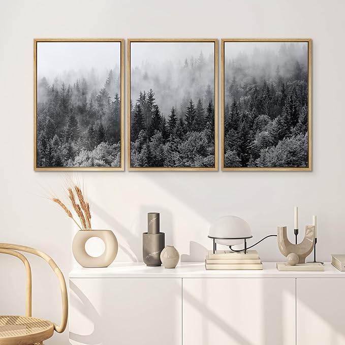 SIGNWIN Framed Canvas Print Wall Art Set Black & White Misty Mountain Forest Nature Wilderness Photography Modern Art Chic Landscape Relax/Calm for Living Room, Bedroom, Office - 24"x36"x3 Natural