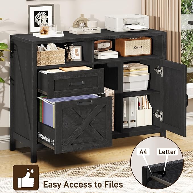 Farmhouse File Cabinet with Doors, Lateral Filing Cabinet with 2 Drawers for Letter/A4 Size Hanging Files, Large Wooden Printer Stand with Open Shelf for Home Office, Rustic Black