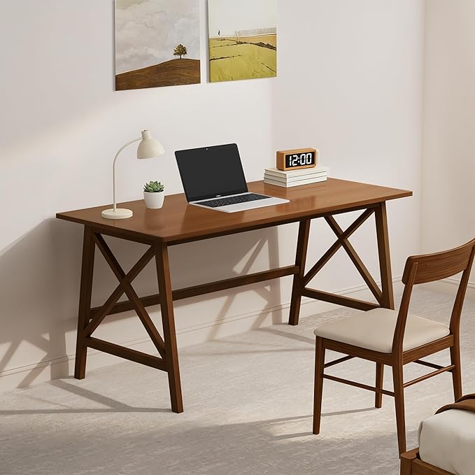 Modern Solid Wood Desk - 54" Simple Computer Table for Home Office Study Writing Workstation in Walnut, 54" W x 24" D