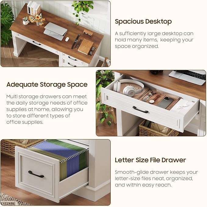 Farmhouse 47" Executive Desk with 4 Drawers, Computer Desk with File Drawer, Workstation for Study, Home Office, Writing, Unique White.