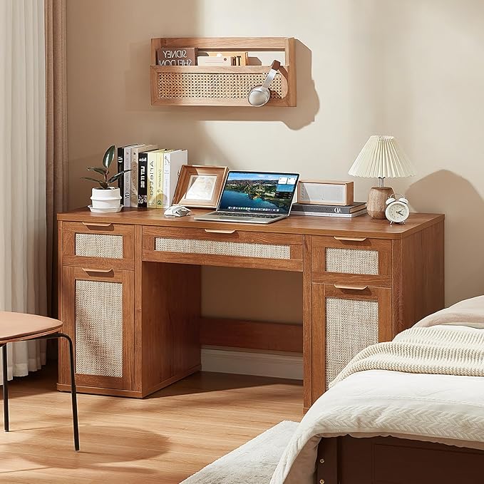 LEYAOYAO Office Desk 56" with 5 Drawers Storage File Cabinet Rattan Wood Desk for Computer Office Bedroom Home Furniture Brown