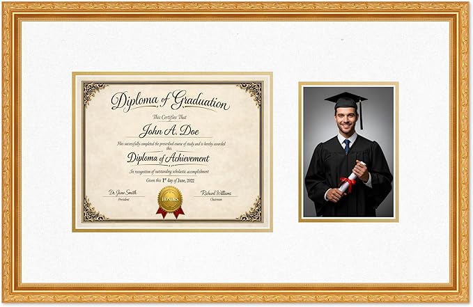 Diploma Frame With Photo Opening Museum Gold Oyster Shell Over Gold Mat - Fits 10 x 8 Degree and Picture Made in the USA