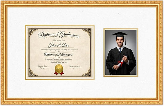 Diploma Frame With Photo Opening Museum Gold Oyster Shell Over Gold Mat - Fits 10 x 8 Degree and Picture Made in the USA