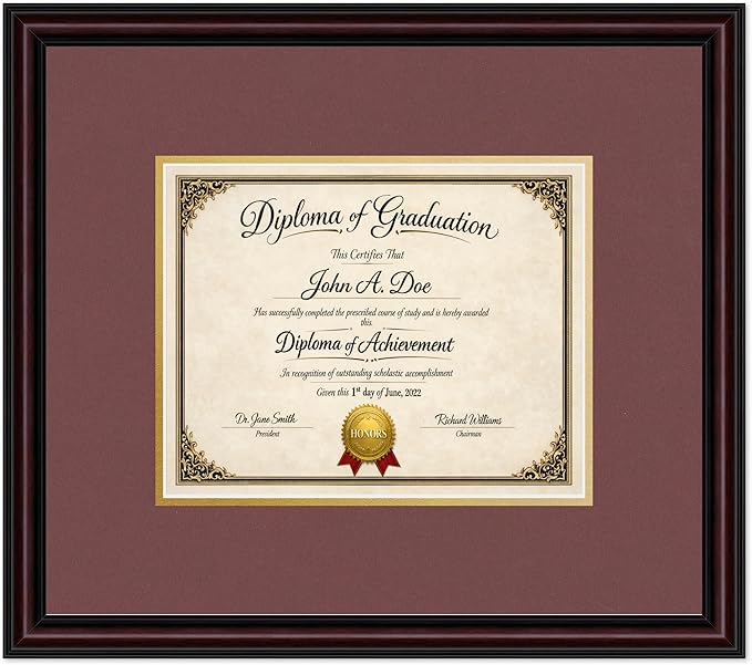 Diploma Frame Executive Brown with Dark Red Over Gold Double Mat - Fits 10 x 8 Professional License Wall Display Made in the USA