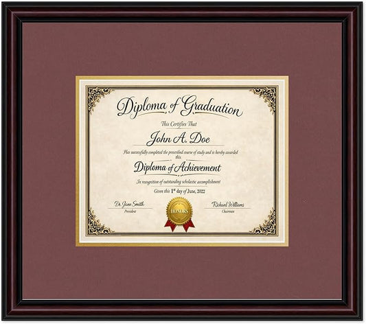 Diploma Frame Executive Brown with Dark Red Over Gold Double Mat - Fits 10 x 8 Professional License Wall Display Made in the USA