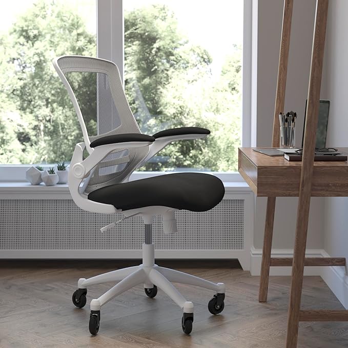 Flash Furniture Kelista Mid-Back Black Mesh Swivel Ergonomic Task Office Chair with White Frame, Flip-Up Arms, and Transparent Roller Wheels