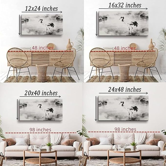 Black White Crane Framed Canvas Wall Art for Bathroom, Bird Wall Decor 32" L x 16" W