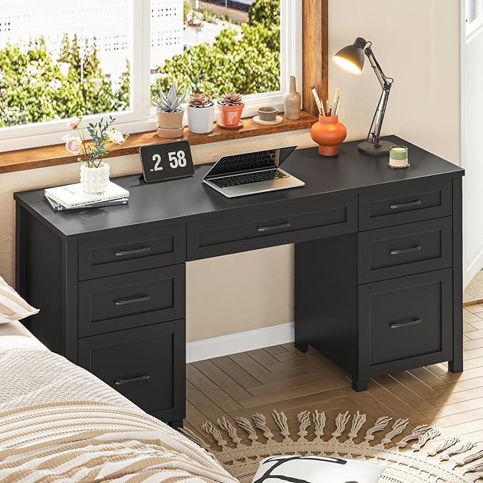 Vabches Farmhouse 61'' Executive Desk with 5 Drawers, Rustic Office Desk Computer Desk with File Drawers and Storage Cabinet, Wood Workstation for Home Office and Study(Black)