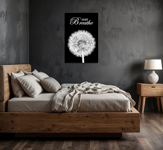 YIOZHAOFH Black Dandelion Picture Artwork Bedroom Decoration Just Breathe Canvas Painting Photo Relaxing Meditation Art Wall Decor Framed for Home Room Office (28L x 44W)