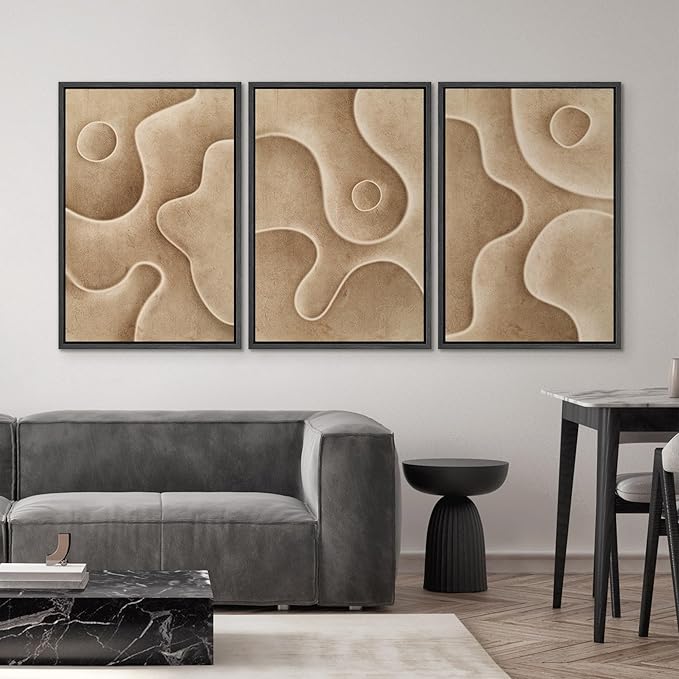 SIGNWIN Framed Canvas Print Wall Art Set Textured Sand Art Organic Curved Shapes in Neutral Tones Illustrations Modern Art Decorative Abstract for Living Room, Bedroom, Office - 16"x24"x3 Black