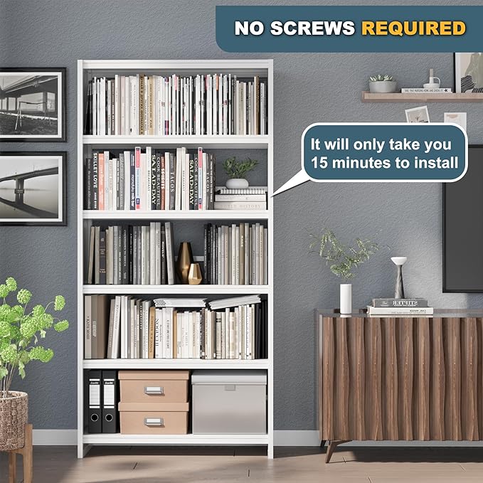 Bookshelf,5 Tier Bookshelves,69" Tall Metal White Bookcase,Install Simple Bookshelves for Bedroom, Living Room,Home Office/Library, White