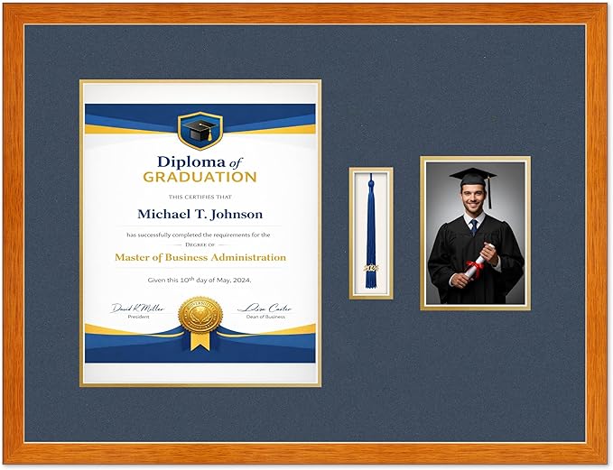 Diploma Tassel and Photo Frame Honey Oak Shadowbox Navy Blue Over Gold Mat - Fits 11 x 14 Degree Picture Made in the USA