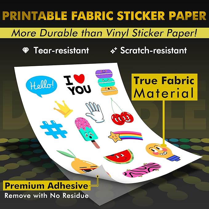 A-SUB Printable Fabric Sticker Paper for Inkjet Printers, 8.5x11 Inches Matte White Waterproof Printable Stciker Paper for Making Custom Stickers 10 Sheets, Tear-resistant