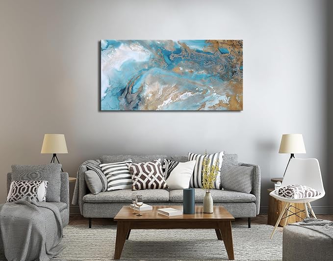 Blue Abstract Canvas Wall Art for Living Room, Navy and Gold Fluid Marble Picture Prints, Modern Painting Artwork for Bedroom, Bathroom, Office, Home Decor 20x40 Inch