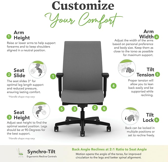 HON Ignition 2.0 Fabric Office Chair, Upholstered, Adjustable Arms, Advanced Synchro-Tilt Recline Executive Ergonomic Office Chair, Black Frame, Frost